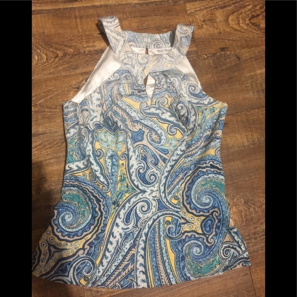 Whbm Size 0 Blue Yellow White Razor Back Lined Paisley Key Hole Dressy Casual